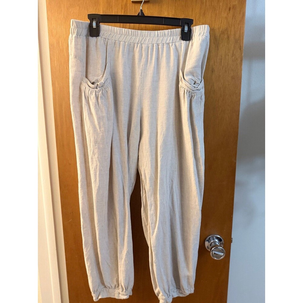 Minibee Women's Linen Blend cuffed Harem Pants Beige boho hippie natural fibers